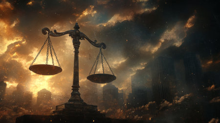 A balanced scale of justice standing tall against a dramatic courthouse backdrop.の素材