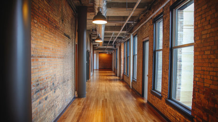 A loft-style hallway with exposed brick walls, industrial lighting, and wooden floors.の素材
