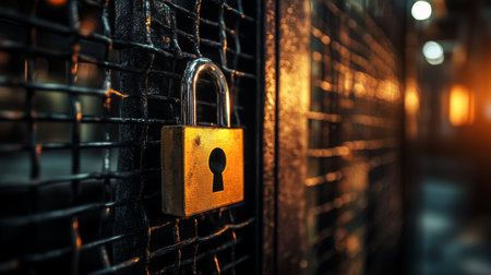 A network firewall blocking an unauthorized access attempt, with a locked padlock icon in the foreground.の素材