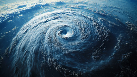 A large cyclone over the ocean, with a clear view of the swirling vortex and strong winds forming on the waters surface.の素材