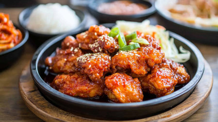A sizzling Korean fried chicken platter served with a side of steamed rice and kimchi, set on a wooden table.の素材