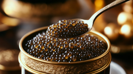 A gourmet spoon lifting caviar from an open tin, with elegant fine dining decor in the background.の素材