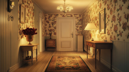 A traditional home hallway featuring antique furniture, floral wallpaper, and warm lighting.の素材