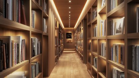 A narrow hallway with stylish recessed lighting and built-in bookshelves along the walls.の素材