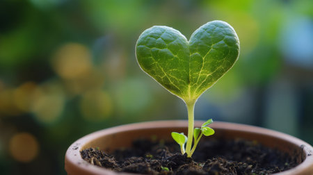 A heart-shaped sprout growing in a pot, symbolizing love for nature and the environment.の素材