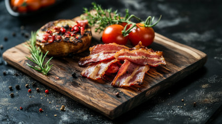 A freshly made BLT sandwich on a wooden board, garnished with crispy bacon and fresh tomatoes.の素材