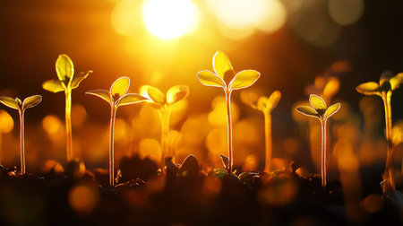 A golden sunrise over a field of newly sprouted seedlings, capturing the essence of hope and renewal.の素材