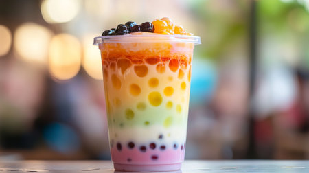 A vibrant bubble milk tea in a clear cup, with layers of milk, tea, and colorful tapioca pearls.の素材