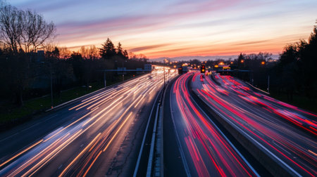 A time-lapse shot of a highway during rush hour, showing moving vehicles and changing traffic lights.の素材