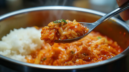 A spoonful of homemade kimchi being added to a bowl of steamed rice.の素材