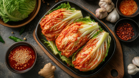 A traditional Korean kimchi-making process, with chili powder, garlic, and ginger in bowls beside the cabbage.の素材