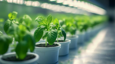 A row of fresh green seedlings growing in biodegradable pots, ready for transplantation.の素材
