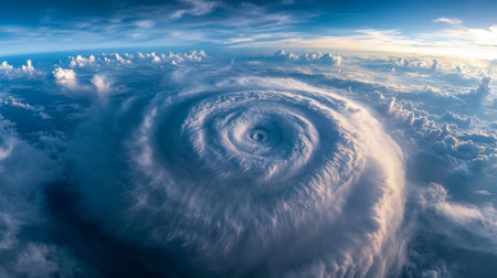 A panoramic view of a cyclone over the sea, with its massive circular clouds and the surrounding calm waters.の素材