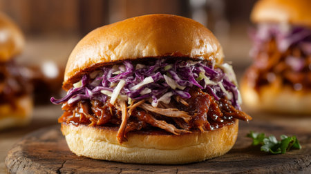 A mouthwatering BBQ pulled pork sandwich topped with coleslaw in a soft brioche bun.の素材