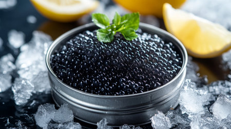 A tin of fresh sturgeon caviar surrounded by crushed ice, maintaining its freshness.の素材