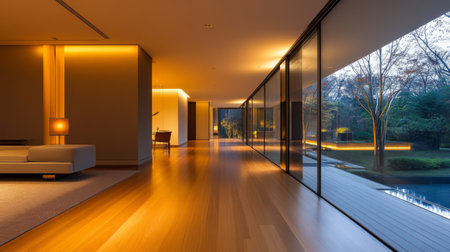 A modern home hallway with wooden flooring, soft lighting, and minimalist dcor.の素材
