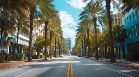 A vibrant city road lined with tall buildings and palm trees, showing the blend of urban life and nature.の素材