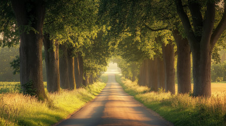 A tranquil country road lined with tall trees, leading through a peaceful rural landscape under soft light.の素材