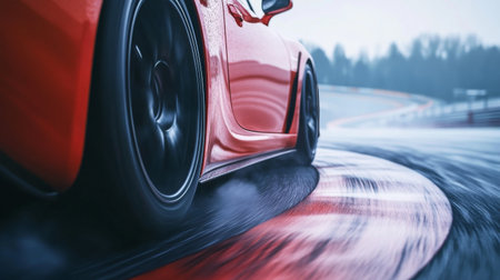 A sports cars wheel as it drifts through a turn on a racetrack, leaving tire marks on the asphalt.の素材