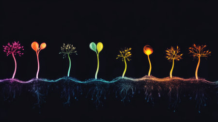 A time-lapse concept of a seed sprouting into a small plant, with different growth stages in a row.の素材