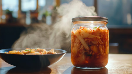 A freshly opened jar of kimchi, with steam rising from a bowl of Korean soup in the background.の素材