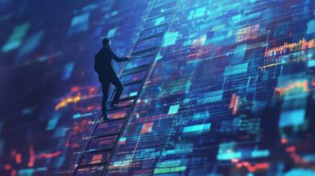 A businessperson climbing a digital ladder made of graphs and analytics, symbolizing corporate success.の素材