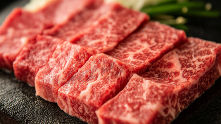 A close-up of marbled wagyu beef, highlighting its rich texture and fat distribution.の素材