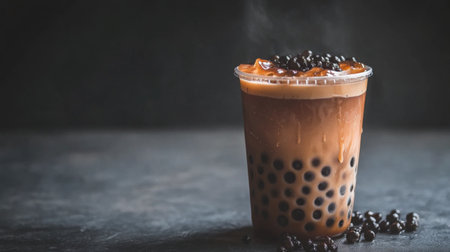 A stylish cup of bubble tea on a trendy marble surface, with condensation on the glass, highlighting the refreshing nature of this popular drink.の素材
