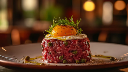 A gourmet steak tartare served on a stylish plate, garnished with capers and egg yolk, presenting a refined take on a classic dish.の素材