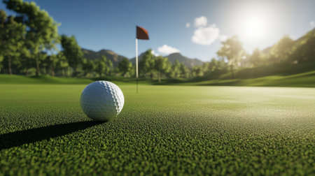 A golf ball rolling towards the hole on a perfectly manicured green, with the flag waving in the breeze under a bright afternoon sun.の素材