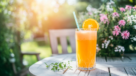 A glass of orange juice on a sunny patio table, surrounded by flowers and green foliage, creating a bright and cheerful outdoor drinking experience.の素材