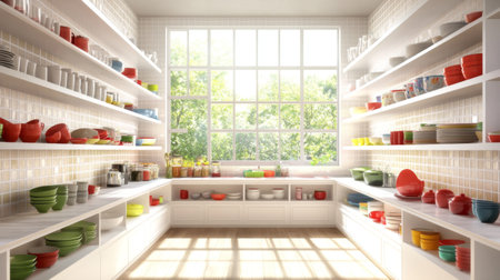 A spacious kitchen with large windows allowing natural light to flood in, highlighting the open shelves filled with colorful dishes and cookware.の素材