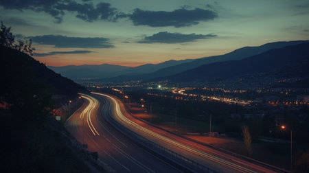 A quiet highway at night, illuminated by rows of streetlights, with the soft glow of the lights reflecting on the road and surrounding landscape.の素材