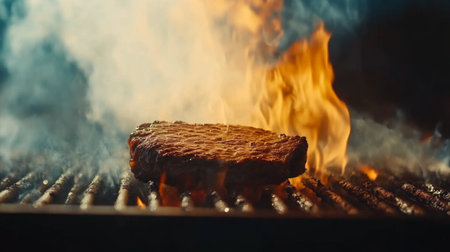 A dynamic shot of steak being flipped on a grill, with flames licking the sides and smoke rising, capturing the excitement of cooking outdoors.の素材