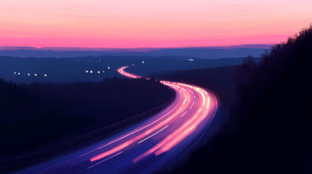 A modern highway illuminated by bright streetlights, stretching into the distance, with the glow of the lights reflecting off the road at night.の素材