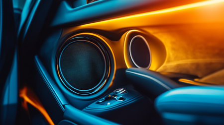 A modern car speaker installed in the door of an electric vehicle, with high-end fabric and metallic details, softly lit by natural light.の素材