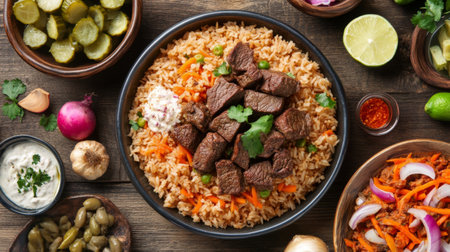 A rustic table spread with beef rice, accompanied by pickled vegetables and a small bowl of dipping sauce, creating a flavorful and colorful meal presentation.の素材