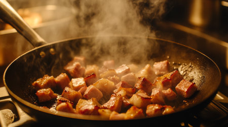 A sizzling skillet filled with pork belly being cooked to perfection, capturing the rich golden-brown color and crispy texture in warm lighting.の素材