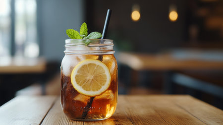 A refreshing soda served in a mason jar with ice, topped with a lemon slice and mint, sitting on a rustic wooden table in natural light.の素材