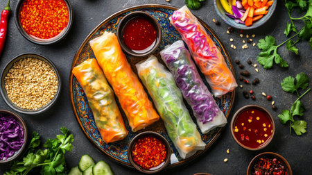 A top-down view of a colorful assortment of spring rolls on a decorative plate, surrounded by dipping sauces and fresh vegetables.の素材