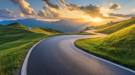 A tranquil image of a winding mountain road during the golden hour, with soft light illuminating the landscape and creating a warm, inviting scene.の素材
