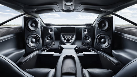 A wide-angle shot of a high-end car audio system with multiple speakers positioned around the interior, designed for an immersive sound experience.の素材