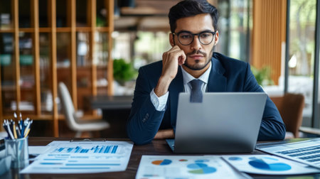 A young businessman in a stylish office environment, sitting at his desk working on a laptop, surrounded by work-related charts and graphs.の素材