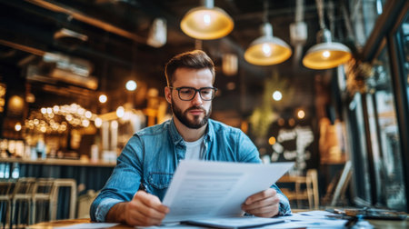 A young professional working at his desk in an open-plan office, focusing on a document while surrounded by business materials and tech gadgets.の素材