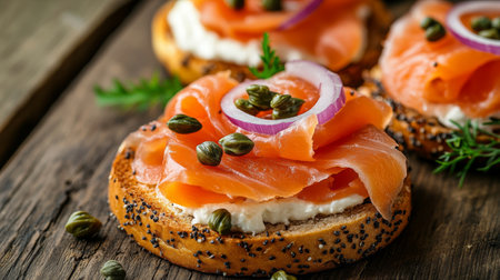 An artistic close-up of smoked salmon on a bagel with cream cheese, capers, and red onion, set against a rustic wooden table.の素材