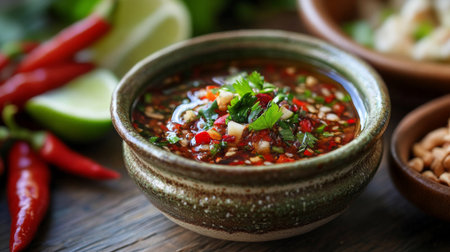 A close-up of a chili dipping sauce made with fish sauce, lime, and chopped chilies in a small ceramic bowl, placed on a wooden table with other Thai condiments.の素材