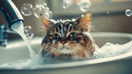 An artistic shot of a fluffy cat with its fur slicked back, sitting in a sink full of warm water, with soap bubbles and a playful expression on its face.の素材