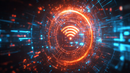 An artistic representation of a Wi-Fi symbol composed of digital elements and glowing lines, set against a futuristic background to signify advanced technology.の素材
