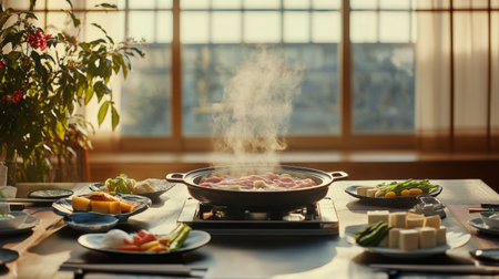 A beautifully arranged hot pot setup on a dining table, featuring a variety of ingredients like thinly sliced beef, tofu, and colorful vegetables, ready for cooking.の素材