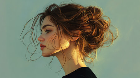 An artistic view of a woman with a messy bun hairstyle, with loose strands and a relaxed, casual vibe, perfect for a laid-back or everyday look.の素材